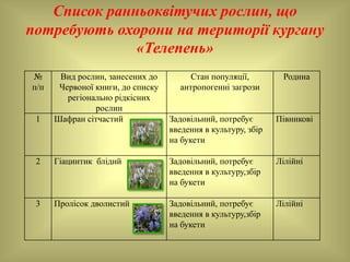 Список ранньоквітучих рослин, що
потребують охорони на території кургану
«Телепень»
№
п/п
Вид рослин, занесених до
Червоної книги, до списку
регіонально рідкісних
рослин
Стан популяції,
антропогенні загрози
Родина
1 Шафран сітчастий Задовільний, потребує
введення в культуру, збір
на букети
Півникові
2 Гіацинтик блідий Задовільний, потребує
введення в культуру,збір
на букети
Лілійні
3 Пролісок дволистий Задовільний, потребує
введення в культуру,збір
на букети
Лілійні
 
