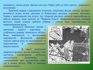звичайного, значно рідше трапляється клен. Окрім дуба усі інші породи - природного
походження.
Трав'яний покрив з пануванням зеленчука, копитняка, фіалки собачої, веснівки,
волосистої осоки, яглиці, щитника та безщитника, медунки, горлянки, зірочника.
Здавна є характерними для пологу лісу лікарські рослини: скополія карніолійська та
цибуля ведмежа, види занесені до "Червоної Книги". Природоохоронною основою
виступає лісова ділянка грабової діброви з участю бука європейського та
червонокнижних видів.
Близькість обласного центру є
причиною деякого втручання в
стабільність режиму заповідного об'єкту.
Вона виражається у витоптуванні
трав'янистих фітоценозів протягом
теплого періоду року та «полюванням» за
першоквітами й червонокнижними
видами навесні.
В числі необхідних
природоохоронних заходів повинно стати
своєчасне попередження любителів
«екзотичного відпочинку» і
«травознавців» про несумісність таких
дій в межах об'єкту ПЗФ та можливу
відповідальність.
 