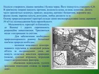Підлісок утворюють ліщина звичайна і бузина чорна. Його зімкнутість становить 0,20.
В трав'яному покриві панують зірочник, волосиста осока, яглиця, копитняк. Досить
часто трапляється зеленчук, гравілат, медунка, щитник і безщитник, вороняче око,
фіалка лісова, маренка пахуча, розхідник, любка дволиста та ін.
Основу природоохоронної території складає цінне високопродуктивне (запас деревини
50 м3/га) лісонасадження бука європейського.
Мальовничість території та близькість
до Вінниці і дороги спричинюють
рекреаційне навантаження. Трапляються
місця з кострищами та сміттям.
Для забезпечення необхідного
природоохоронного режиму ботанічної
пам'ятки природи необхідно:
- визнання можливості цілеспря-
мованого втручання в заповідний режим
об'єкта за екстримальних умов, які
можуть скластися внаслідок природних
(пожежі, суцільні вітровали, вітроломи
тощо) і антропогенних факторів;
- обмеження відвідувачів, густоти
зростання пішохідних стежин та мережі
доріг;
 