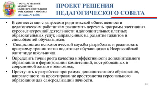 ГОСУДАРСТВЕННОЕ
БЮДЖЕТНОЕ
ОБЩЕОБРАЗОВАТЕЛЬНОЕ
УЧРЕЖДЕНИЕ г. МОСКВЫ
«Школа №1400»
ПРОЕКТ РЕШЕНИЯ
ПЕДАГОГИЧЕСКОГО СОВЕТА
• В соответствии с запросами родительской общественности
педагогическим работникам расширить перечень программ элективных
курсов, внеурочной деятельности и дополнительных платных
образовательных услуг, направленных на развитие талантов и
способностей обучающихся.
• Специалистам психологической службы разработать и реализовать
программу тренингов по подготовке обучающихся к Всероссийской
олимпиаде школьников.
• Определить точки роста качества и эффективности дополнительного
образования в формировании компетенций, востребованных в
современной жизни и экономике.
• Приступить к разработке программы дополнительного образования,
направленного на проектирование пространства персонального
образования для самореализации личности.
24
 