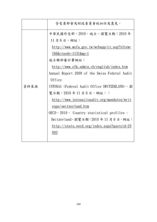 124
含受查部會及財政委員會的加註及意見。
資料來源
中華民國外交部，2010，瑞士。瀏覽日期：2010 年
11 月 6 日，網址：
http://www.mofa.gov.tw/webapp/ct.asp?xItem=
166&ctnode=1131&mp=1
瑞士聯邦審計署網站：
http://www.efk.admin.ch/english/index.htm
Annual Report 2009 of the Swiss Federal Audit
Office
INTOSAI <Federal Audit Office SWITZERLAND>。瀏
覽日期：2010 年 11 月 6 日，網址：：
http://www.intosaiitaudit.org/mandates/writ
eups/switzerland.htm
OECD，2010。 Country statistical profiles -
Switzerland。瀏覽日期：2010 年 11 月 6 日，網址：
http://stats.oecd.org/index.aspx?queryid=23
093
 