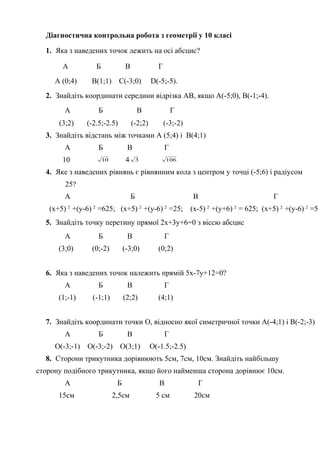 Діагностична контрольна робота з геометрії у 10 класі
1. Яка з наведених точок лежить на осі абсцис?
А Б В Г
А (0;4) В(1;1) С(-3;0) D(-5;-5).
2. Знайдіть координати середини відрізка АВ, якщо А(-5;0), В(-1;-4).
А Б В Г
(3;2) (-2.5;-2.5) (-2;2) (-3;-2)
3. Знайдіть відстань між точками А (5;4) і В(4;1)
А Б В Г
10 10 4 3 106
4. Яке з наведених рівнянь є рівнянним кола з центром у точці (-5;6) і радіусом
25?
А Б В Г
(х+5) 2
+(у-6) 2
=625; (х+5) 2
+(у-6) 2
=25; (х-5) 2
+(у+6) 2
= 625; (х+5) 2
+(у-6) 2
=5 .
5. Знайдіть точку перетину прямої 2х+3у+6=0 з віссю абсцис
А Б В Г
(3;0) (0;-2) (-3;0) (0;2)
6. Яка з наведених точок належить прямій 5х-7у+12=0?
А Б В Г
(1;-1) (-1;1) (2;2) (4;1)
7. Знайдіть координати точки О, відносно якої симетричної точки А(-4;1) і В(-2;-3)
А Б В Г
О(-3;-1) О(-3;-2) О(3;1) О(-1.5;-2.5)
8. Сторони трикутника дорівнюють 5см, 7см, 10см. Знайдіть найбільшу
сторону подібного трикутника, якщо його найменша сторона дорівнює 10см.
А Б В Г
15см 2,5см 5 см 20см
 