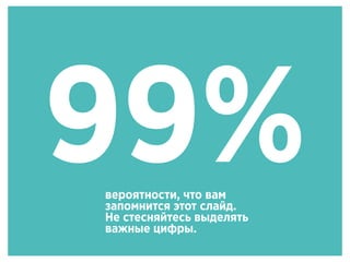 99%вероятности, что вам
запомнится этот слайд.
Не стесняйтесь выделять
важные цифры.
 