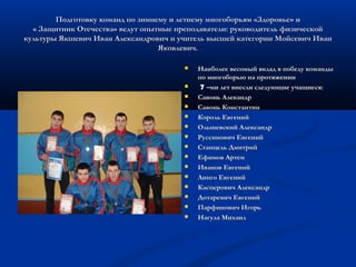 Подготовку команд по зимнему и летнему многоборьям «Здоровье» иПодготовку команд по зимнему и летнему многоборьям «Здоровье» и
« Защитник Отечества» ведут опытные преподаватели: руководитель физической« Защитник Отечества» ведут опытные преподаватели: руководитель физической
культуры Якшевич Иван Александрович и учитель высшей категории Мойсевич Иванкультуры Якшевич Иван Александрович и учитель высшей категории Мойсевич Иван
Яковлевич.Яковлевич.
 Наиболее весомый вклад в победу командыНаиболее весомый вклад в победу команды
по многоборью на протяжениипо многоборью на протяжении
 77 –ми лет внесли следующие учащиеся:–ми лет внесли следующие учащиеся:
 Савонь АлекандрСавонь Алекандр
 Савонь КонстантинСавонь Константин
 Король ЕвгенийКороль Евгений
 Ольшевский АлександрОльшевский Александр
 Руссинович ЕвгенийРуссинович Евгений
 Станцель ДмитрийСтанцель Дмитрий
 Ефимов АртемЕфимов Артем
 Иванов ЕвгенийИванов Евгений
 Линго ЕвгенийЛинго Евгений
 Касперович АлександрКасперович Александр
 Дотаревич ЕвгенийДотаревич Евгений
 Парфинович ИгорьПарфинович Игорь
 Нагула МихаилНагула Михаил
 