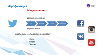 Медиа-контент
Игрофикация
Для использования
До Во время После
На
следующий
год
мероприятия
• Фото
• Видео
• Тексты
СОЗДАДИМ особый МЕДИА-КОНТЕНТ
 