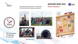 • 700 участников
• 24 команды
• 25 локаций
Программа интерактивного погружения
в технологические прорывы прошлого
Звёздные врата
ФОРСАЙТ ФЛОТ 2015
Концепт, проведение
 