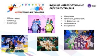 БУДУЩИЕ ИНТЕЛЛЕКТУАЛЬНЫЕ
ЛИДЕРЫ РОССИИ 2014
• 500 участников
• 50 команд
• 6 кластеров
• Программа
• Проектная деятельность
• 12 форматных игр
• Большая Игра
• Выступления
 