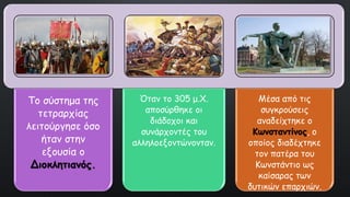 Το σύστημα της
τετραρχίας
λειτούργησε όσο
ήταν στην
εξουσία ο
Διοκλητιανός.
Όταν το 305 μ.Χ.
αποσύρθηκε οι
διάδοχοι και
συνάρχοντές του
αλληλοεξοντώνονταν.
Μέσα από τις
συγκρούσεις
αναδείχτηκε ο
Κωνσταντίνος, ο
οποίος διαδέχτηκε
τον πατέρα του
Κωνστάντιο ως
καίσαρας των
δυτικών επαρχιών.
 