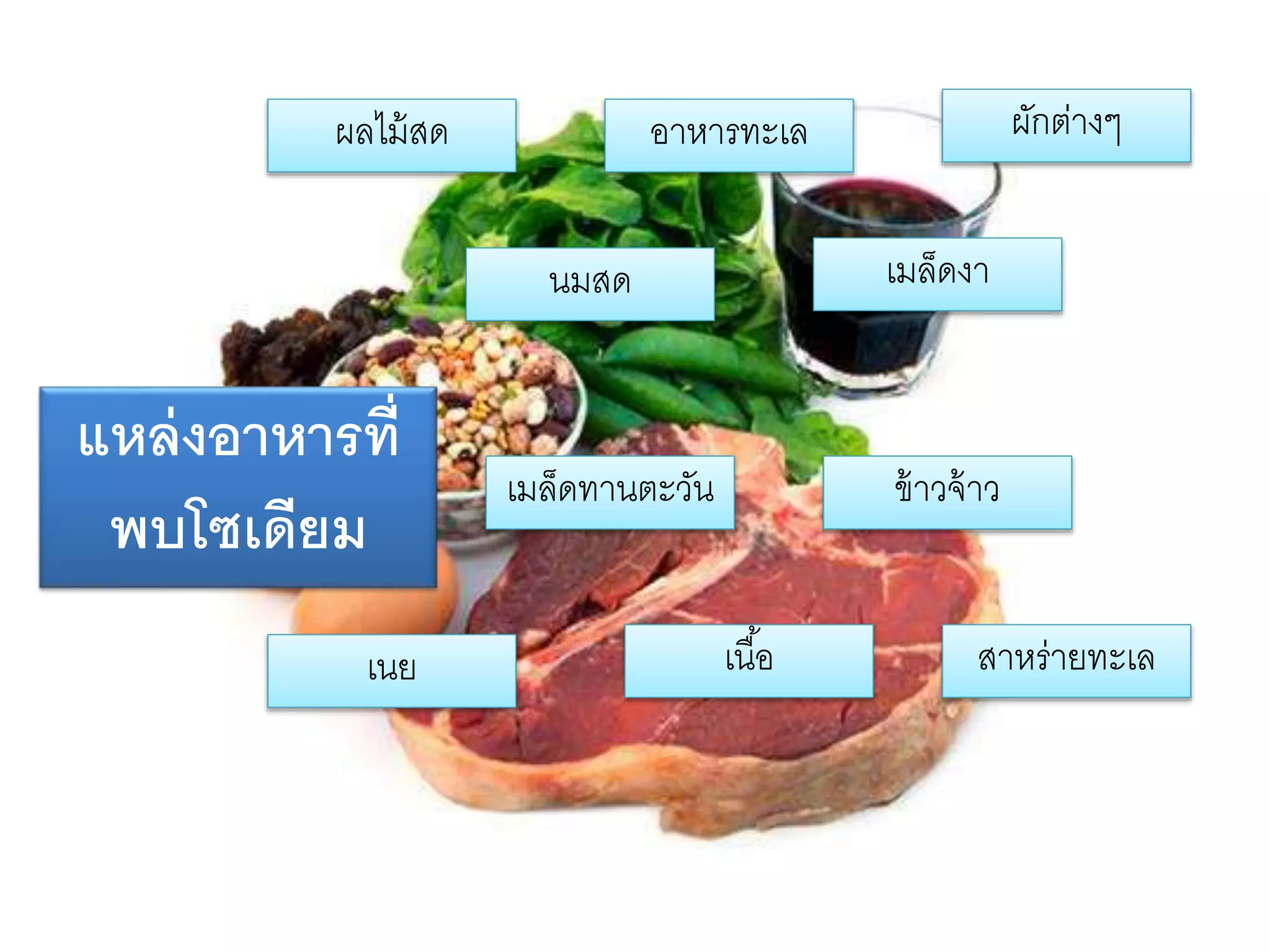 แหล่งอาหารที่
พบโซเดียม
อำหำรทะเลผลไม้สด ผักต่ำงๆ
ข้ำวจ้ำว
เนย
นมสด
เมล็ดทำนตะวัน
เมล็ดงำ
สำหร่ำยทะเลเนื้อ
 