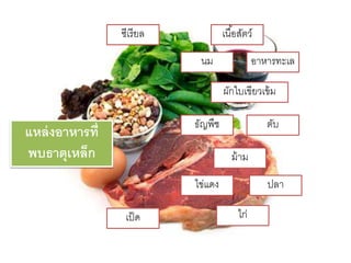 แหล่งอาหารที่
พบธาตุเหล็ก
เนื้อสัตว์
ไก่
ซีเรียล
เป็ด
อำหำรทะเลนม
ธัญพืช
ผักใบเขียวเข้ม
ไข่แดง
ตับ
ปลำ
ม้ำม
 