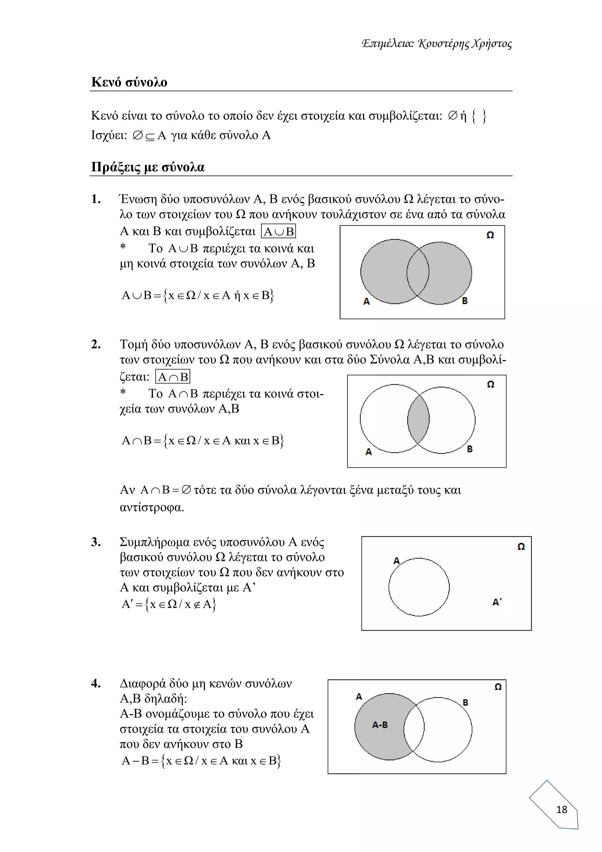Επιμέλεια: Κουστέρης Χρήστος
18
Κενό σύνολο
Κενό είναι το σύνολο το οποίο δεν έχει στοιχεία και συμβολίζεται:  ή  
Ισχύει: Α  για κάθε σύνολο Α
Πράξεις με σύνολα
1. Ένωση δύο υποσυνόλων Α, Β ενός βασικού συνόλου Ω λέγεται το σύνο-
λο των στοιχείων του Ω που ανήκουν τουλάχιστον σε ένα από τα σύνολα
Α και Β και συμβολίζεται Α Β
* Το Α Β περιέχει τα κοινά και
μη κοινά στοιχεία των συνόλων Α, Β
 Α Β x Ω / x A ή x B    
2. Τομή δύο υποσυνόλων Α, Β ενός βασικού συνόλου Ω λέγεται το σύνολο
των στοιχείων του Ω που ανήκουν και στα δύο Σύνολα Α,Β και συμβολί-
ζεται: A B
* Το A B περιέχει τα κοινά στοι-
χεία των συνόλων Α,Β
 Α Β x Ω / x A και x B    
Αν A B   τότε τα δύο σύνολα λέγονται ξένα μεταξύ τους και
αντίστροφα.
3. Συμπλήρωμα ενός υποσυνόλου Α ενός
βασικού συνόλου Ω λέγεται το σύνολο
των στοιχείων του Ω που δεν ανήκουν στο
Α και συμβολίζεται με Α’
 Α x Ω / x A   
4. Διαφορά δύο μη κενών συνόλων
Α,Β δηλαδή:
Α-Β ονομάζουμε το σύνολο που έχει
στοιχεία τα στοιχεία του συνόλου Α
που δεν ανήκουν στο Β
 A B x Ω / x A και x B    
 