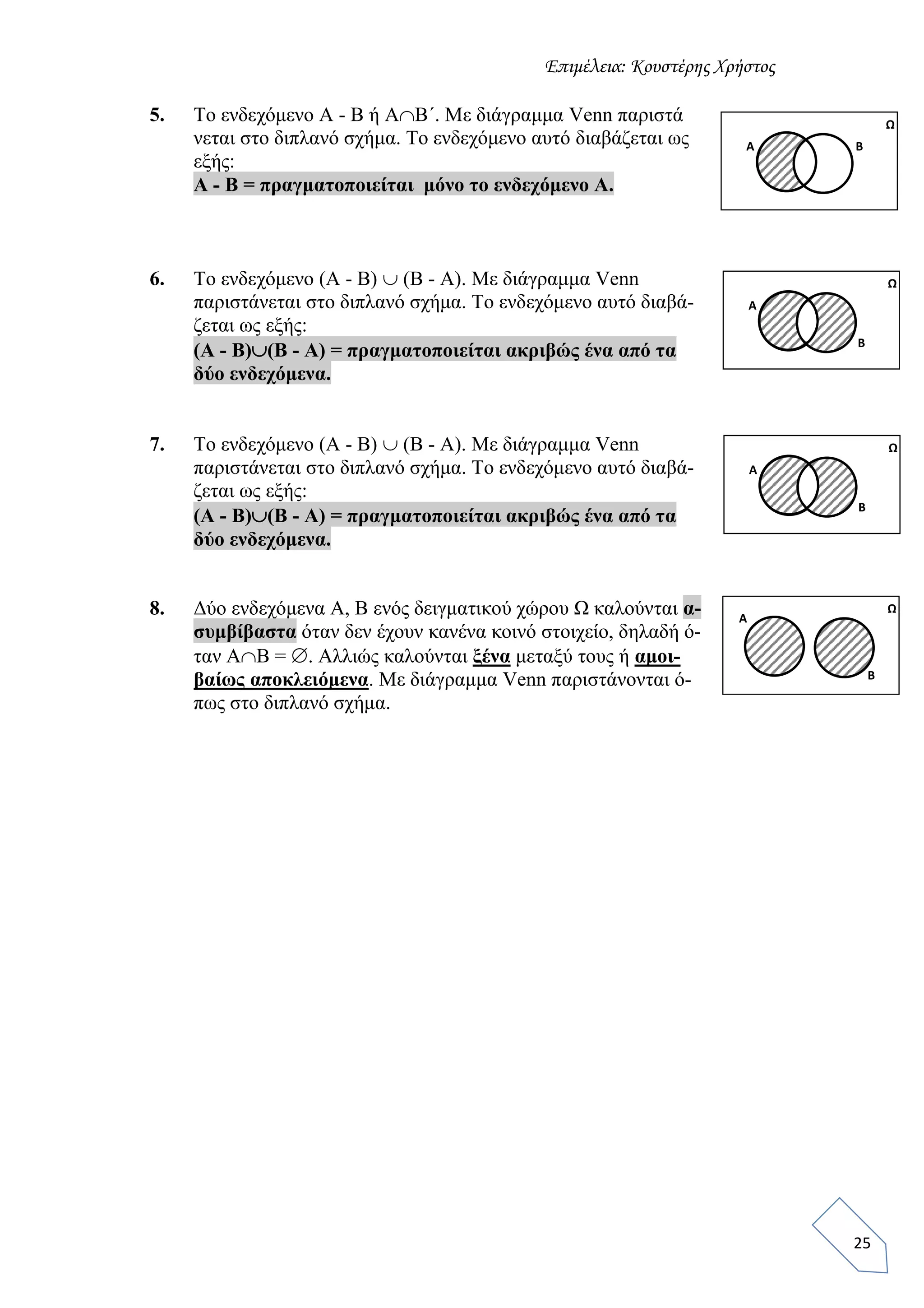 Επιμέλεια: Κουστέρης Χρήστος
25
5. Το ενδεχόμενο Α - Β ή ΑΒ΄. Με διάγραμμα Venn παριστά
νεται στο διπλανό σχήμα. Το ενδεχόμενο αυτό διαβάζεται ως
εξής:
Α - Β = πραγματοποιείται μόνο το ενδεχόμενο Α.
6. Το ενδεχόμενο (Α - Β)  (Β - Α). Με διάγραμμα Venn
παριστάνεται στο διπλανό σχήμα. Το ενδεχόμενο αυτό διαβά-
ζεται ως εξής:
(Α - Β)(Β - Α) = πραγματοποιείται ακριβώς ένα από τα
δύο ενδεχόμενα.
7. Το ενδεχόμενο (Α - Β)  (Β - Α). Με διάγραμμα Venn
παριστάνεται στο διπλανό σχήμα. Το ενδεχόμενο αυτό διαβά-
ζεται ως εξής:
(Α - Β)(Β - Α) = πραγματοποιείται ακριβώς ένα από τα
δύο ενδεχόμενα.
8. Δύο ενδεχόμενα Α, Β ενός δειγματικού χώρου Ω καλούνται α-
συμβίβαστα όταν δεν έχουν κανένα κοινό στοιχείο, δηλαδή ό-
ταν ΑΒ = . Αλλιώς καλούνται ξένα μεταξύ τους ή αμοι-
βαίως αποκλειόμενα. Με διάγραμμα Venn παριστάνονται ό-
πως στο διπλανό σχήμα.
Α
Β
Ω
Ω
Β
Α
Α Β
Ω
Α
Β
Ω
 