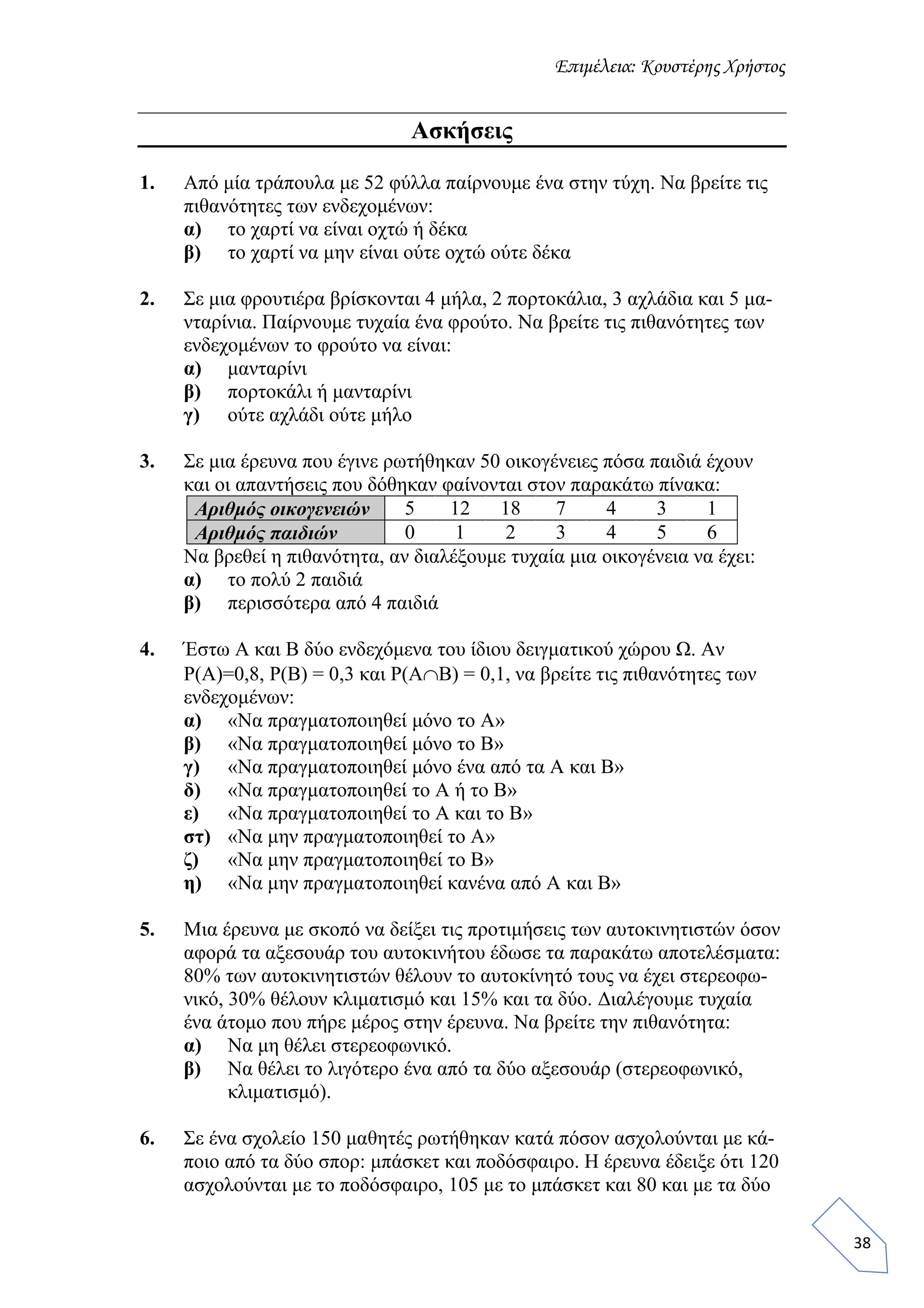 Επιμέλεια: Κουστέρης Χρήστος
38
Ασκήσεις
1. Από μία τράπουλα με 52 φύλλα παίρνουμε ένα στην τύχη. Να βρείτε τις
πιθανότητες των ενδεχομένων:
α) το χαρτί να είναι οχτώ ή δέκα
β) το χαρτί να μην είναι ούτε οχτώ ούτε δέκα
2. Σε μια φρουτιέρα βρίσκονται 4 μήλα, 2 πορτοκάλια, 3 αχλάδια και 5 μα-
νταρίνια. Παίρνουμε τυχαία ένα φρούτο. Να βρείτε τις πιθανότητες των
ενδεχομένων το φρούτο να είναι:
α) μανταρίνι
β) πορτοκάλι ή μανταρίνι
γ) ούτε αχλάδι ούτε μήλο
3. Σε μια έρευνα που έγινε ρωτήθηκαν 50 οικογένειες πόσα παιδιά έχουν
και οι απαντήσεις που δόθηκαν φαίνονται στον παρακάτω πίνακα:
Αριθμός οικογενειών 5 12 18 7 4 3 1
Αριθμός παιδιών 0 1 2 3 4 5 6
Να βρεθεί η πιθανότητα, αν διαλέξουμε τυχαία μια οικογένεια να έχει:
α) το πολύ 2 παιδιά
β) περισσότερα από 4 παιδιά
4. Έστω Α και Β δύο ενδεχόμενα του ίδιου δειγματικού χώρου Ω. Αν
Ρ(Α)=0,8, Ρ(Β) = 0,3 και Ρ(ΑΒ) = 0,1, να βρείτε τις πιθανότητες των
ενδεχομένων:
α) «Να πραγματοποιηθεί μόνο το Α»
β) «Να πραγματοποιηθεί μόνο το Β»
γ) «Να πραγματοποιηθεί μόνο ένα από τα Α και Β»
δ) «Να πραγματοποιηθεί το Α ή το Β»
ε) «Να πραγματοποιηθεί το Α και το Β»
στ) «Να μην πραγματοποιηθεί το Α»
ζ) «Να μην πραγματοποιηθεί το Β»
η) «Να μην πραγματοποιηθεί κανένα από Α και Β»
5. Μια έρευνα με σκοπό να δείξει τις προτιμήσεις των αυτοκινητιστών όσον
αφορά τα αξεσουάρ του αυτοκινήτου έδωσε τα παρακάτω αποτελέσματα:
80% των αυτοκινητιστών θέλουν το αυτοκίνητό τους να έχει στερεοφω-
νικό, 30% θέλουν κλιματισμό και 15% και τα δύο. Διαλέγουμε τυχαία
ένα άτομο που πήρε μέρος στην έρευνα. Να βρείτε την πιθανότητα:
α) Να μη θέλει στερεοφωνικό.
β) Να θέλει το λιγότερο ένα από τα δύο αξεσουάρ (στερεοφωνικό,
κλιματισμό).
6. Σε ένα σχολείο 150 μαθητές ρωτήθηκαν κατά πόσον ασχολούνται με κά-
ποιο από τα δύο σπορ: μπάσκετ και ποδόσφαιρο. Η έρευνα έδειξε ότι 120
ασχολούνται με το ποδόσφαιρο, 105 με το μπάσκετ και 80 και με τα δύο
 