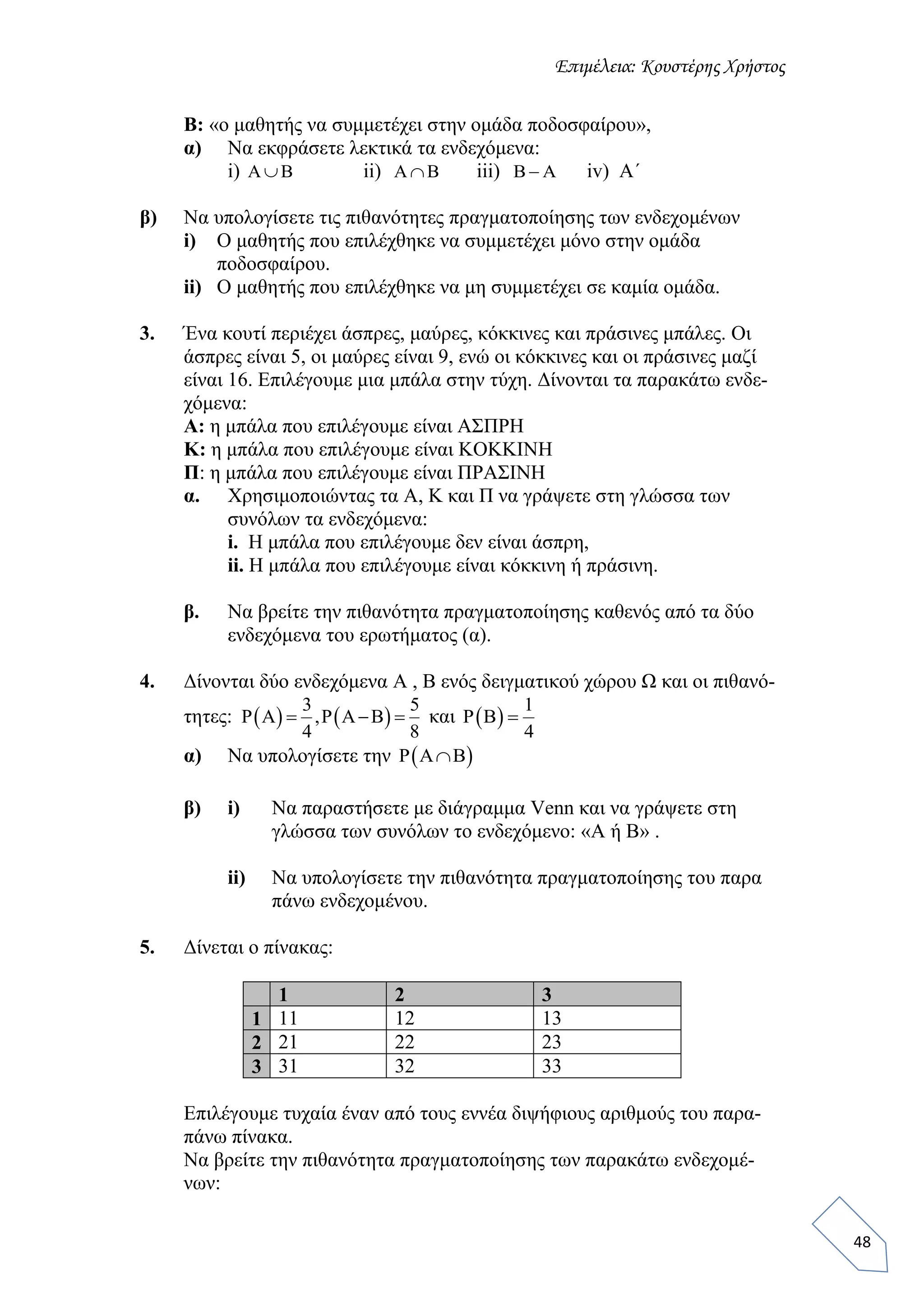 Επιμέλεια: Κουστέρης Χρήστος
48
Β: «ο μαθητής να συμμετέχει στην ομάδα ποδοσφαίρου»,
α) Να εκφράσετε λεκτικά τα ενδεχόμενα:
i) A B ii) A B iii) B A iv) Α΄
β) Να υπολογίσετε τις πιθανότητες πραγματοποίησης των ενδεχομένων
i) Ο μαθητής που επιλέχθηκε να συμμετέχει μόνο στην ομάδα
ποδοσφαίρου.
ii) Ο μαθητής που επιλέχθηκε να μη συμμετέχει σε καμία ομάδα.
3. Ένα κουτί περιέχει άσπρες, μαύρες, κόκκινες και πράσινες μπάλες. Οι
άσπρες είναι 5, οι μαύρες είναι 9, ενώ οι κόκκινες και οι πράσινες μαζί
είναι 16. Επιλέγουμε μια μπάλα στην τύχη. Δίνονται τα παρακάτω ενδε-
χόμενα:
Α: η μπάλα που επιλέγουμε είναι ΑΣΠΡΗ
K: η μπάλα που επιλέγουμε είναι KOKKINH
Π: η μπάλα που επιλέγουμε είναι ΠΡΑΣΙΝΗ
α. Χρησιμοποιώντας τα Α, Κ και Π να γράψετε στη γλώσσα των
συνόλων τα ενδεχόμενα:
i. Η μπάλα που επιλέγουμε δεν είναι άσπρη,
ii. Η μπάλα που επιλέγουμε είναι κόκκινη ή πράσινη.
β. Να βρείτε την πιθανότητα πραγματοποίησης καθενός από τα δύο
ενδεχόμενα του ερωτήματος (α).
4. Δίνονται δύο ενδεχόμενα A , B ενός δειγματικού χώρου Ω και οι πιθανό-
τητες:    
3 5
,
4 8
      και  
1
4
  
α) Να υπολογίσετε την   
β) i) Να παραστήσετε με διάγραμμα Venn και να γράψετε στη
γλώσσα των συνόλων το ενδεχόμενο: «Α ή Β» .
ii) Να υπολογίσετε την πιθανότητα πραγματοποίησης του παρα
πάνω ενδεχομένου.
5. Δίνεται ο πίνακας:
1 2 3
1 11 12 13
2 21 22 23
3 31 32 33
Επιλέγουμε τυχαία έναν από τους εννέα διψήφιους αριθμούς του παρα-
πάνω πίνακα.
Να βρείτε την πιθανότητα πραγματοποίησης των παρακάτω ενδεχομέ-
νων:
 