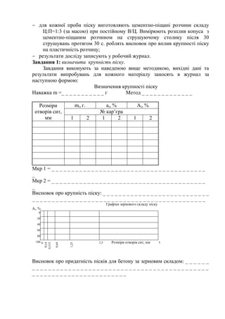  для кожної проби піску виготовляють цементно-піщані розчини складу
Ц:П=1:3 (за масою) при постійному В/Ц. Вимірюють розплив конуса з
цементно-піщаним розчином на струшуючому столику після 30
струшувань протягом 30 с. роблять висновок про вплив крупності піску
на пластичність розчину;
 результати досліду записують у робочий журнал.
Завдання 1: визначити крупність піску.
Завдання виконують за наведеною вище методикою, вихідні дані та
результати випробувань для кожного матеріалу заносять в журнал за
наступною формою:
Визначення крупності піску
Наважка m =_ _ _ _ _ _ _ _ _ _ _ г Метод _ _ _ _ _ _ _ _ _ _ _ _ _
Розміри
отворів сит,
мм
mі, г. ai, % Ai, %
№ кар’єра
1 2 1 2 1 2
Мкр 1 = _ _ _ _ _ _ _ _ _ _ _ _ _ _ _ _ _ _ _ _ _ _ _ _ _ _ _ _ _ _ _ _ _ _ _ _ _ _ _
_
Мкр 2 = _ _ _ _ _ _ _ _ _ _ _ _ _ _ _ _ _ _ _ _ _ _ _ _ _ _ _ _ _ _ _ _ _ _ _ _ _ _ _
_
Висновок про крупність піску: _ _ _ _ _ _ _ _ _ _ _ _ _ _ _ _ _ _ _ _ _ _ _ _ _ _ _
_ _ _ _ _ _ _ _ _ _ _ _ _ _ _ _ _ _ _ _ _ _ _ _ _ _ _ _ _ _ _ _ _ _ _ _ _ _ _ _ _ _ _ _
Графіки зернового складу піску
Аі, %
0
20
40
60
80
100
0
0,14
0,315
0,64
1,25
2,5 Розміри отворів сит, мм 5
Висновок про придатність пісків для бетону за зерновим складом: _ _ _ _ _ _
_ _ _ _ _ _ _ _ _ _ _ _ _ _ _ _ _ _ _ _ _ _ _ _ _ _ _ _ _ _ _ _ _ _ _ _ _ _ _ _ _ _ _ _
_ _ _ _ _ _ _ _ _ _ _ _ _ _ _ _ _ _ _ _ _ _ _ _
 