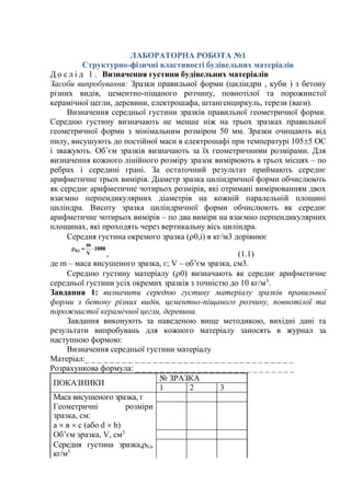 ЛАБОРАТОРНА РОБОТА №1
Структурно-фізичні властивості будівельних матеріалів
Д о с л і д 1 . Визначення густини будівельних матеріалів
Засоби випробування: Зразки правильної форми (циліндри , куби ) з бетону
різних видів, цементно-піщаного розчину, повнотілої та порожнистої
керамічної цегли, деревини, електрошафа, штангенциркуль, терези (ваги).
Визначення середньої густини зразків правильної геометричної форми.
Середню густину визначають не менше ніж на трьох зразках правильної
геометричної форми з мінімальним розміром 50 мм. Зразки очищають від
пилу, висушують до постійної маси в електрошафі при температурі 1055 ОС
і зважують. Об’єм зразків визначають за їх геометричними розмірами. Для
визначення кожного лінійного розміру зразок вимірюють в трьох місцях – по
ребрах і середині грані. За остаточний результат приймають середнє
арифметичне трьох вимірів. Діаметр зразка циліндричної форми обчислюють
як середнє арифметичне чотирьох розмірів, які отримані вимірюванням двох
взаємно перпендикулярних діаметрів на кожній паралельній площині
циліндра. Висоту зразка циліндричної форми обчислюють як середнє
арифметичне чотирьох вимірів – по два виміри на взаємно перпендикулярних
площинах, які проходять через вертикальну вісь циліндра.
Середня густина окремого зразка (0,і) в кг/м3 дорівнює
1000
V
m
і0, 
, (1.1)
де m – маса висушеного зразка, г; V – об’єм зразка, см3.
Середню густину матеріалу (0) визначають як середнє арифметичне
середньої густини усіх окремих зразків з точністю до 10 кг/м3
.
Завдання 1: визначити середню густину матеріалу зразків правильної
форми з бетону різних видів, цементно-піщаного розчину, повнотілої та
порожнистої керамічної цегли, деревини.
Завдання виконують за наведеною вище методикою, вихідні дані та
результати випробувань для кожного матеріалу заносять в журнал за
наступною формою:
Визначення середньої густини матеріалу
Матеріал:_ _ _ _ _ _ _ _ _ _ _ _ _ _ _ _ _ _ _ _ _ _ _ _ _ _ _ _ _ _ _ _ _ _
Розрахункова формула: _ _ _ _ _ _ _ _ _ _ _ _ _ _ _ _ _ _ _ _ _ _ _ _ _ _
ПОКАЗНИКИ
№ ЗРАЗКА
1 2 3
Маса висушеного зразка, г
Геометричні розміри
зразка, см:
а  в  с (або d  h)
Об’єм зразка, V, см3
Середня густина зразка,0,і,
кг/м3
 
