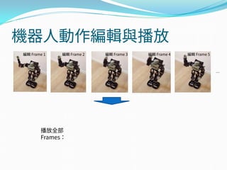 機器人動作編輯與播放
編輯 Frame 1 編輯 Frame 2 編輯 Frame 3 編輯 Frame 4 編輯 Frame 5
…
播放全部
Frames：
 