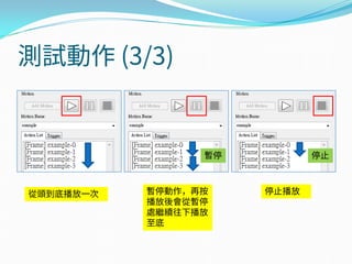 測試動作 (3/3)
從頭到底播放一次 暫停動作，再按
播放後會從暫停
處繼續往下播放
至底
停止播放
暫停 停止
 
