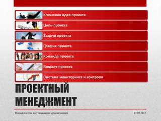 ПРОЕКТНЫЙ
МЕНЕДЖМЕНТ
07.09.2015Новый взгляд на управление организацией
Ключевая идея проекта
Цель проекта
Задачи проекта
График проекта
Команда проекта
Бюджет проекта
Система мониторинга и контроля
 