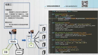 北京迅达云成科技有限公司 www.speedycloud.cn
场景三：
问题描述：
单数据中心完全没办法满足用户
需求，于是部署了多个数据中心，但是
有些客户说分配时间很长，经常等到超
时，但是我们用 PDB没法调试。
解决办法：
将之前分配的方式变成由多线程
变成多进程。
Web
DB 物理机
Web
DB
数据中心 A
数据中心 B
数据中心 C
数据中心 D
数据中心 E
 
