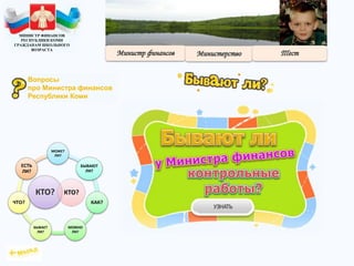 КТО?
МОЖЕТ
ЛИ?
БЫВАЮТ
ЛИ?
КАК?
МОЖНО
ЛИ?
БЫВАЕТ
ЛИ?
ЧТО?
ЕСТЬ
ЛИ?
КТО?
МИНИСТР ФИНАНСОВ
РЕСПУБЛИКИ КОМИ
ГРАЖДАНАМ ШКОЛЬНОГО
ВОЗРАСТА
Вопросы
про Министра финансов
Республики Коми
 