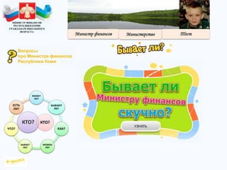 КТО?
МОЖЕТ
ЛИ?
БЫВАЮТ
ЛИ?
КАК?
МОЖНО
ЛИ?
БЫВАЕТ
ЛИ?
ЧТО?
ЕСТЬ
ЛИ?
КТО?
МИНИСТР ФИНАНСОВ
РЕСПУБЛИКИ КОМИ
ГРАЖДАНАМ ШКОЛЬНОГО
ВОЗРАСТА
Вопросы
про Министра финансов
Республики Коми
 