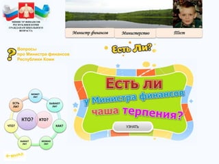 КТО?
МОЖЕТ
ЛИ?
БЫВАЮТ
ЛИ?
КАК?
МОЖНО
ЛИ?
БЫВАЕТ
ЛИ?
ЧТО?
ЕСТЬ
ЛИ?
КТО?
МИНИСТР ФИНАНСОВ
РЕСПУБЛИКИ КОМИ
ГРАЖДАНАМ ШКОЛЬНОГО
ВОЗРАСТА
Вопросы
про Министра финансов
Республики Коми
 
