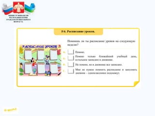 МИНИСТР ФИНАНСОВ
РЕСПУБЛИКИ КОМИ
ГРАЖДАНАМ ШКОЛЬНОГО
ВОЗРАСТА
Помнишь ли ты расписание уроков на следующую
неделю?
Помню.
Помню только ближайший учебный день,
остальное записано в дневнике.
Не помню, но в дневнике все записано.
Мне не нужно помнить расписание и заполнять
дневник – одноклассники подскажут.
 