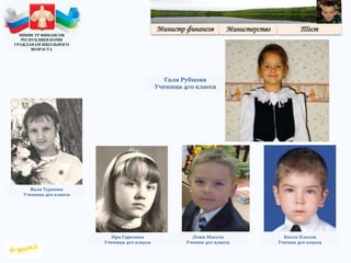 МИНИСТР ФИНАНСОВ
РЕСПУБЛИКИ КОМИ
ГРАЖДАНАМ ШКОЛЬНОГО
ВОЗРАСТА
Ира Гарезина
Ученица 4го класса
Леша Маегов
Ученик 4го класса
Валя Туркина
Ученица 4го класса
Галя Рубцова
Ученица 4го класса
Костя Плехов
Ученик 4го класса
 
