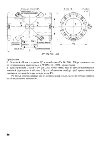 86
РУ DN 200…400
Примечания
1 Отводы II – II для резервных ДР и рым-болты в РУ DN 200…300 устанавливаются
по согласованию с заказчиком, а в РУ DN 350…1000 – обязательны.
2 Диаметр канала D для РУ DN 200…400 может иметь одно из двух фиксированных
значений (приведены в таблице 3.5) для облегчения подбора труб прямолинейных
участков и должны быть указан при заказе РУ.
РУ могут изготавливаться как из нержавеющей стали, так и из черного металла
по согласованию с заказчиком.
H
D
Рым-болтОтводы для установки ДР
D
45°
45°
d
2 шт.
отв.d1n
ф
L
3 -2007давление
Условное
Дата изготовления
Типоразмер РУ
Зав. № РУ
для пломбирования ДР
Отверстия(4 шт.)
 