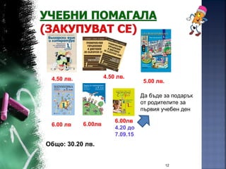 12
6.00 лв
4.50 лв. 4.50 лв.
6.00лв
4.20 до
7.09.15
5.00 лв.
Да бъде за подарък
от родителите за
първия учебен ден
Общо: 30.20 лв.
 