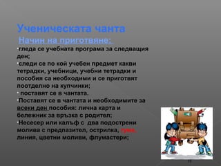 15
Ученическата чанта
Начин на приготвяне:
•гледа се учебната програма за следващия
ден;
•следи се по кой учебен предмет какви
тетрадки, учебници, учебни тетрадки и
пособия са необходими и се приготвят
поотделно на купчинки;
• поставят се в чантата.
•Поставят се в чантата и необходимите за
всеки ден пособия: лична карта и
бележник за връзка с родител;
•Несесер или калъф с два подострени
молива с предпазител, острилка, гума,
линия, цветни моливи, флумастери;
 
