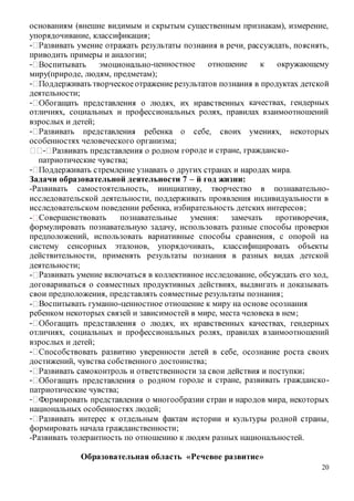 20
основаниям (внешне видимым и скрытым существенным признакам), измерение,
упорядочивание, классификация;
-
приводить примеры и аналогии;
- -ценностное отношение к окружающему
миру(природе, людям, предметам);
-
деятельности;
- качествах, гендерных
отличиях, социальных и профессиональных ролях, правилах взаимоотношений
взрослых и детей;
-
особенностях человеческого организма;
- ороде и стране, гражданско-
патриотические чувства;
-
Задачи образовательной деятельности 7 – й год жизни:
-Развивать самостоятельность, инициативу, творчество в познавательно-
исследовательской деятельности, поддерживать проявления индивидуальности в
исследовательском поведении ребенка, избирательность детских интересов;
- Совершенствовать познавательные умения: замечать противоречия,
формулировать познавательную задачу, использовать разные способы проверки
предположений, использовать вариативные способы сравнения, с опорой на
систему сенсорных эталонов, упорядочивать, классифицировать объекты
действительности, применять результаты познания в разных видах детской
деятельности;
- Развивать умение включаться в коллективное исследование, обсуждать его ход,
договариваться о совместных продуктивных действиях, выдвигать и доказывать
свои предположения, представлять совместные результаты познания;
- Воспитывать гуманно-ценностное отношение к миру на основе осознания
ребенком некоторых связей и зависимостей в мире, места человека в нем;
-
отличиях, социальных и профессиональных ролях, правилах взаимоотношений
взрослых и детей;
-
достижений, чувства собственного достоинства;
- ;
- ном городе и стране, развивать гражданско-
патриотические чувства;
-
национальных особенностях людей;
-
формировать начала гражданственности;
-Развивать толерантность по отношению к людям разных национальностей.
Образовательная область «Речевое развитие»
 