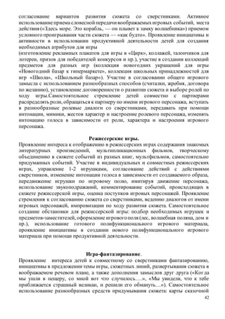 42
согласование вариантов развития сюжета со сверстниками. Активное
использованиеприема словеснойпередачивоображаемыхигровых событий, места
действия («Здесь море. Это корабль, — он плывет к замку волшебника») приемом
условного проигрывания части сюжета — «как будто». Проявление инициативы и
активности в использовании продуктивной деятельности детей для создания
необходимых атрибутов для игры
(изготовление рекламных плакатов для игры в «Цирк», коллажей, талончиков для
лотереи, призов для победителей конкурсов и пр.), участие в создании коллекций
предметов для разных игр (коллекция новогодних украшений для игры
«Новогодний базар к гипермаркете», коллекция школьных принадлежностей для
игр «Школа», «Школьный базар»). Участие в согласовании общего игрового
замысла с использованием разнообразных способов (считалки, жребия, договора
по желанию), установление договоренности о развитии сюжета и выборе ролей по
ходу игры.Самостоятельное стремление детей совместно с партнерами
распределять роли, обращаться к партнеру по имени игрового персонажа, вступать
в разнообразные ролевые диалоги со сверстниками, передавать при помощи
интонации, мимики, жестов характер и настроение ролевого персонажа, изменять
интонацию голоса в зависимости от роли, характера и настроения игрового
персонажа.
Режиссерские игры.
Проявление интереса к отображению в режиссерских играх содержания знакомых
литературных произведений, мультипликационных фильмов, творческому
объединению в сюжете событий из разных книг, мультфильмов, самостоятельно
придуманных событий. Участие в индивидуальных и совместных режиссерских
играх, управление 1-2 игрушками, согласование действий с действиями
сверстников, изменение интонации голоса в зависимости от создаваемого образа,
передвижение игрушки по игровому полю, имитируя движение персонажа,
использование звукоподражаний, комментирование событий, происходящих в
сюжете режиссерской игры, оценка поступков игровых персонажей. Проявление
стремления к согласованию сюжета со сверстниками, ведению диалогов от имени
игровых персонажей, импровизации по ходу развития сюжета. Самостоятельное
создание обстановки для режиссерской игры: подбор необходимых игрушек и
предметов-заместителей, оформление игровогополя (лес, волшебная поляна, дом и
пр.), использование готового полифункционального игрового материала,
проявление инициативы в создании нового полифункционального игрового
материала при помощи продуктивной деятельности.
Игра-фантазирование.
Проявление интереса детей к совместному со сверстниками фантазированию,
инициативы в предложении темы игры, сюжетных линий, развертывания сюжета в
воображаемом речевом плане, а также дополнения замыслов друг друга («Когда
мы ушли в пещеру, со мной вот что случилось….», «Мы увидели, что к тебе
приближается страшный великан, и решили его обмануть…»). Самостоятельное
использование разнообразных средств придумывания сюжета: карты сказочной
 