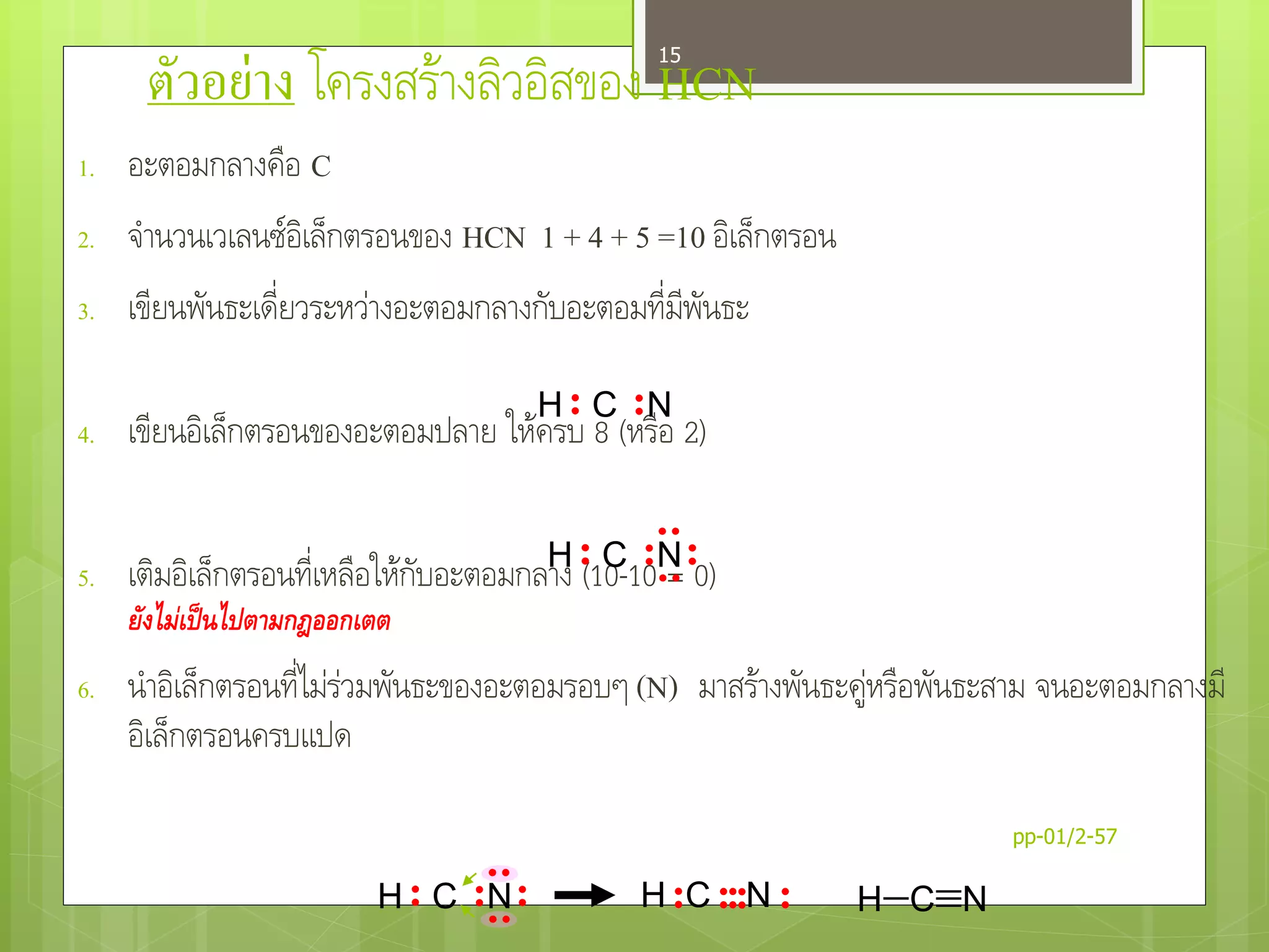 ตัวอย่าง โครงสร้างลิวอิสของ HCN
1. อะตอมกลางคือ C
2. จานวนเวเลนซ์อิเล็กตรอนของ HCN 1 + 4 + 5 =10 อิเล็กตรอน
3. เขียนพันธะเดี่ยวระหว่างอะตอมกลางกับอะตอมที่มีพันธะ
4. เขียนอิเล็กตรอนของอะตอมปลาย ให้ครบ 8 (หรือ 2)
5. เติมอิเล็กตรอนที่เหลือให้กับอะตอมกลาง (10-10 = 0)
ยังไม่เป็นไปตามกฎออกเตต
6. นาอิเล็กตรอนที่ไม่ร่วมพันธะของอะตอมรอบๆ (N) มาสร้างพันธะคู่หรือพันธะสาม จนอะตอมกลางมี
อิเล็กตรอนครบแปด
H C N
H C N
H C NH C N HCN
pp-01/2-57
15
 