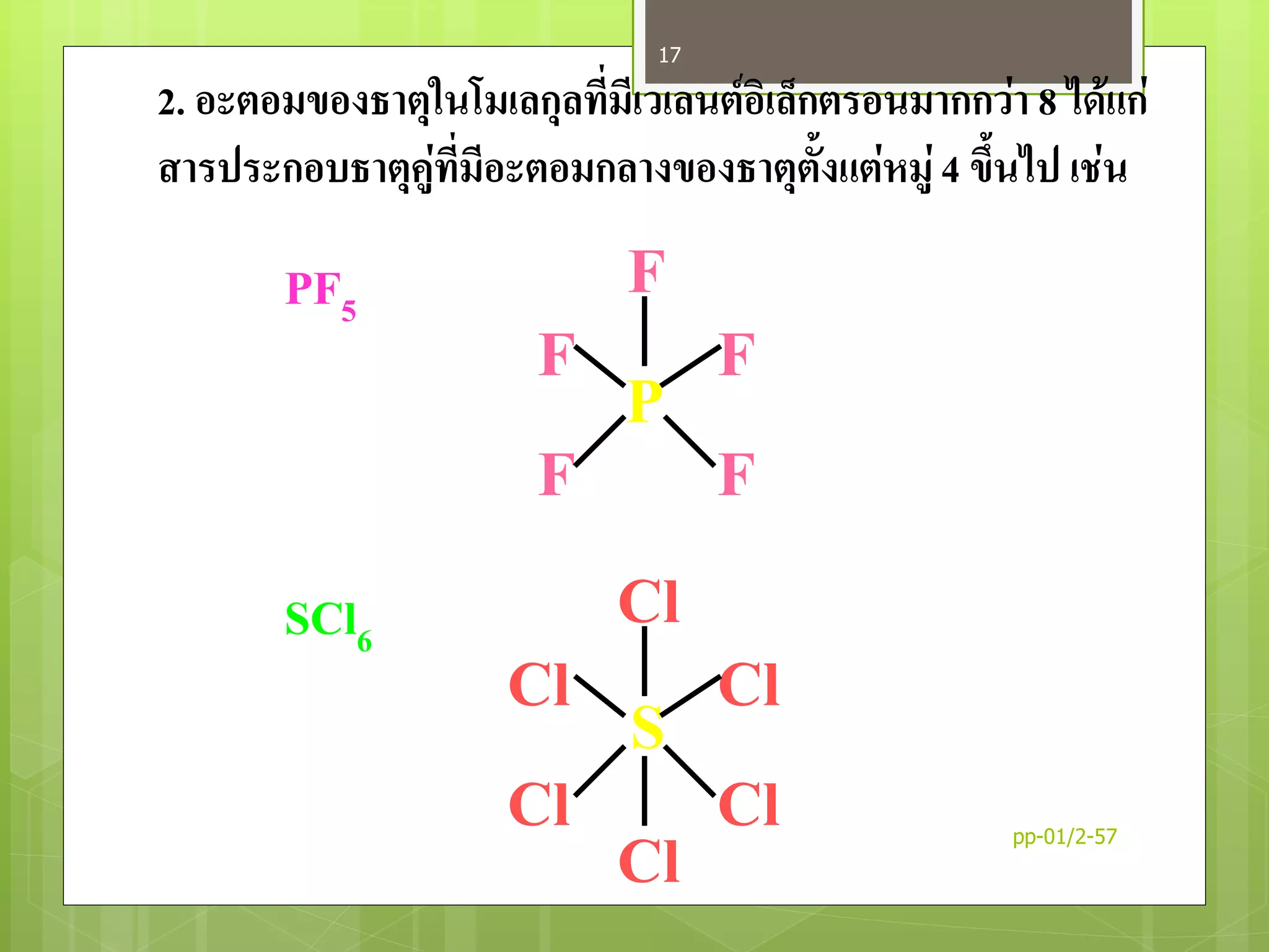 2. อะตอมของธาตุในโมเลกุลที่มีเวเลนต์อิเล็กตรอนมากกว่า 8 ได้แก่
สารประกอบธาตุคู่ที่มีอะตอมกลางของธาตุตั้งแต่หมู่ 4 ขึ้นไป เช่น
PF5
SCl6
P
F F
F F
F
S
Cl Cl
Cl Cl
Cl
Cl pp-01/2-57
17
 