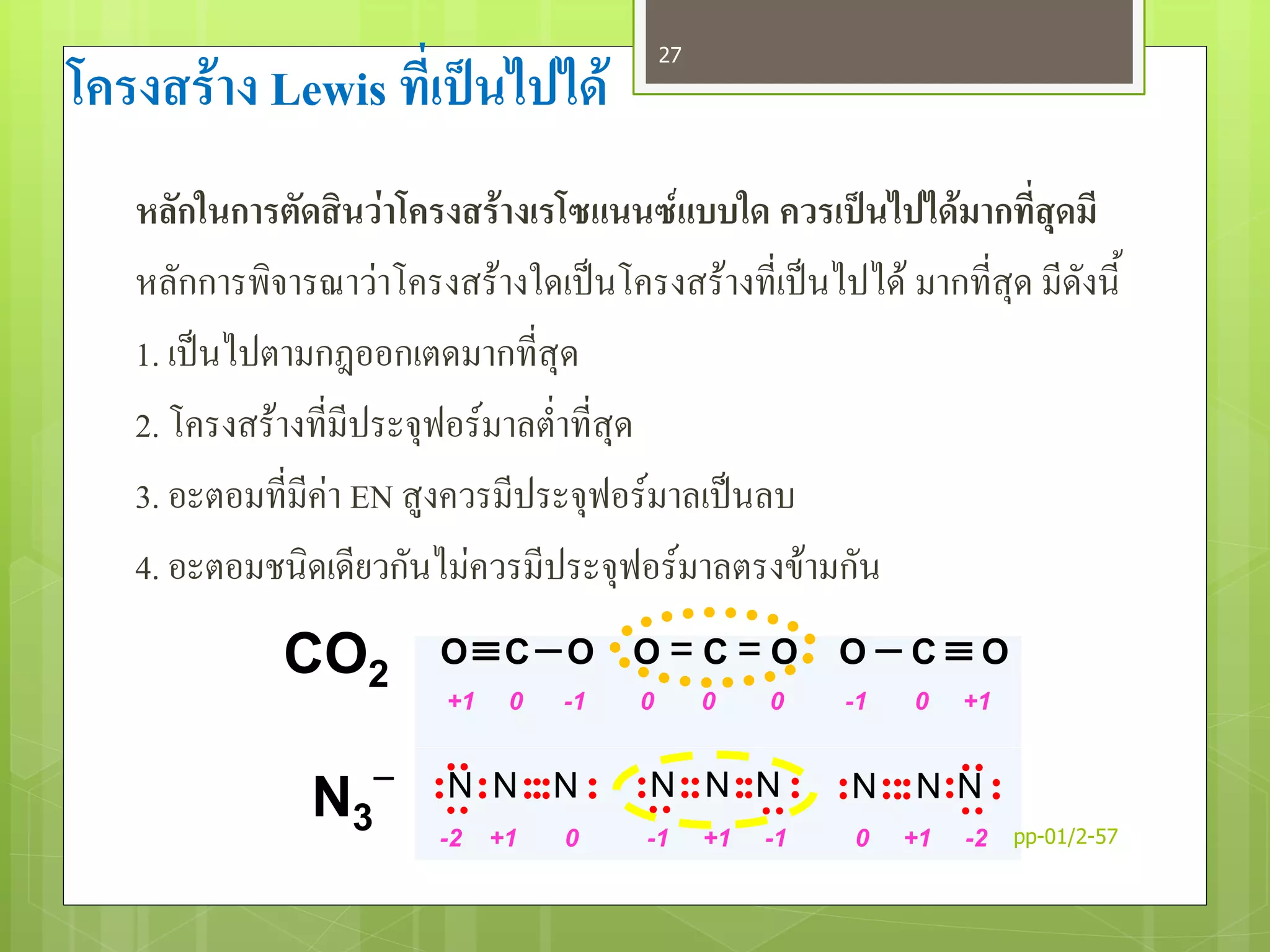 โครงสร้าง Lewis ที่เป็นไปได้
หลักในการตัดสินว่าโครงสร้างเรโซแนนซ์แบบใด ควรเป็นไปได้มากที่สุดมี
หลักการพิจารณาว่าโครงสร้างใดเป็นโครงสร้างที่เป็นไปได้ มากที่สุด มีดังนี้
1. เป็นไปตามกฎออกเตดมากที่สุด
2. โครงสร้างที่มีประจุฟอร์มาลต่าที่สุด
3. อะตอมที่มีค่า EN สูงควรมีประจุฟอร์มาลเป็นลบ
4. อะตอมชนิดเดียวกันไม่ควรมีประจุฟอร์มาลตรงข้ามกัน
N N N N N N N N N
-2 +1 0 -1 +1 -1 0 +1 -2
N3

+1 0 -1 0 0 0 -1 0 +1
CO2
OCO O = C = O O  C  O
pp-01/2-57
27
 