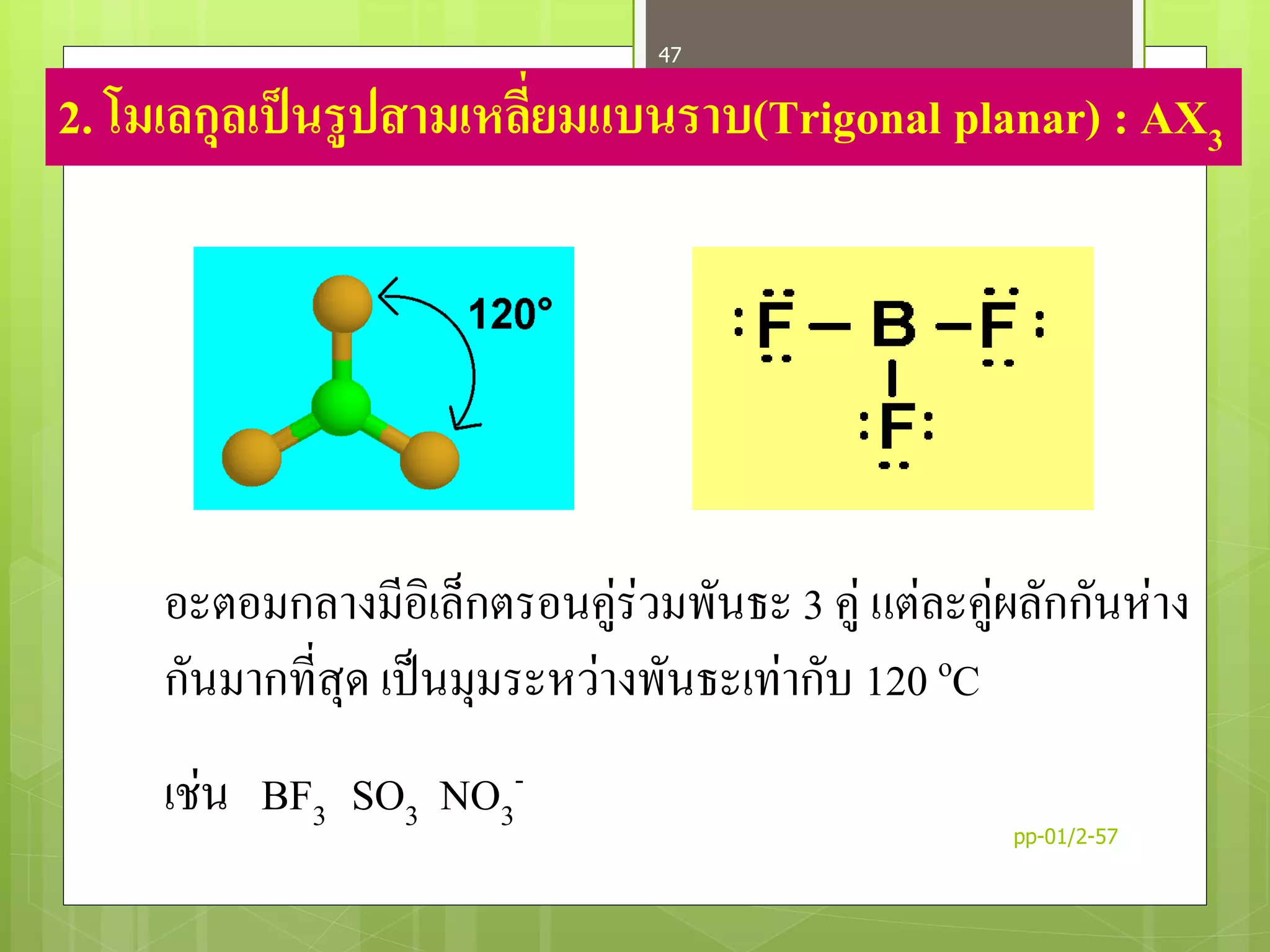 2. โมเลกุลเป็นรูปสามเหลี่ยมแบนราบ(Trigonal planar) : AX3
อะตอมกลางมีอิเล็กตรอนคู่ร่วมพันธะ 3 คู่ แต่ละคู่ผลักกันห่าง
กันมากที่สุด เป็นมุมระหว่างพันธะเท่ากับ 120 oC
เช่น BF3 SO3 NO3
-
pp-01/2-57
47
 