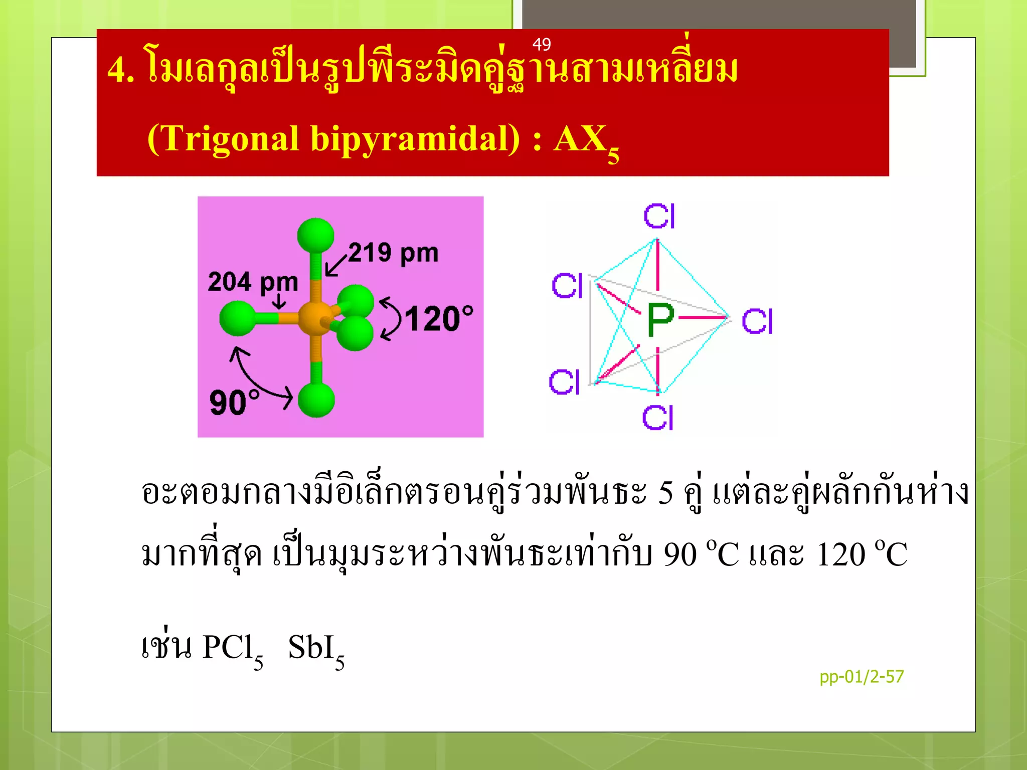 4. โมเลกุลเป็นรูปพีระมิดคู่ฐานสามเหลี่ยม
(Trigonal bipyramidal) : AX5
อะตอมกลางมีอิเล็กตรอนคู่ร่วมพันธะ 5 คู่ แต่ละคู่ผลักกันห่าง
มากที่สุด เป็นมุมระหว่างพันธะเท่ากับ 90 oC และ 120 oC
เช่น PCl5 SbI5 pp-01/2-57
49
 
