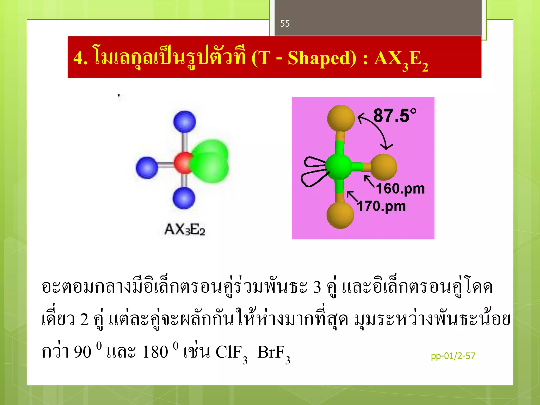 4. โมเลกุลเป็นรูปตัวที (T - Shaped) : AX3E2
อะตอมกลางมีอิเล็กตรอนคู่ร่วมพันธะ 3 คู่ และอิเล็กตรอนคู่โดด
เดี่ยว 2 คู่ แต่ละคู่จะผลักกันให้ห่างมากที่สุด มุมระหว่างพันธะน้อย
กว่า 90 0 และ 180 0 เช่น ClF3 BrF3 pp-01/2-57
55
 