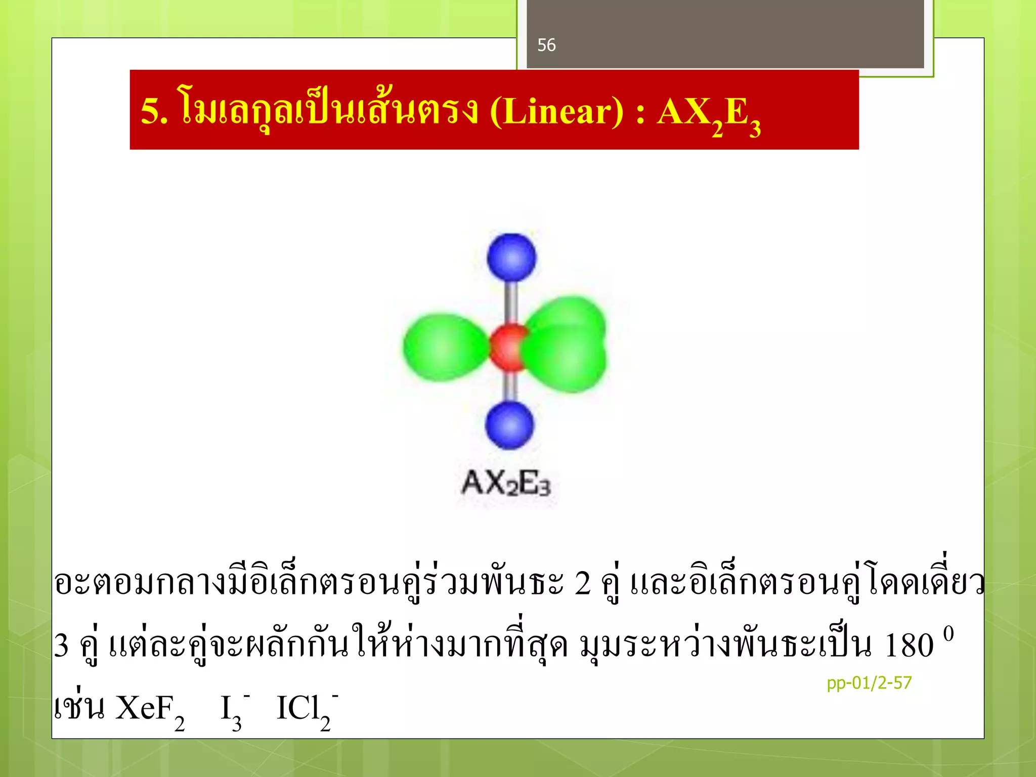5. โมเลกุลเป็นเส้นตรง (Linear) : AX2E3
อะตอมกลางมีอิเล็กตรอนคู่ร่วมพันธะ 2 คู่ และอิเล็กตรอนคู่โดดเดี่ยว
3 คู่ แต่ละคู่จะผลักกันให้ห่างมากที่สุด มุมระหว่างพันธะเป็น 180 0
เช่น XeF2 I3
- ICl2
- pp-01/2-57
56
 