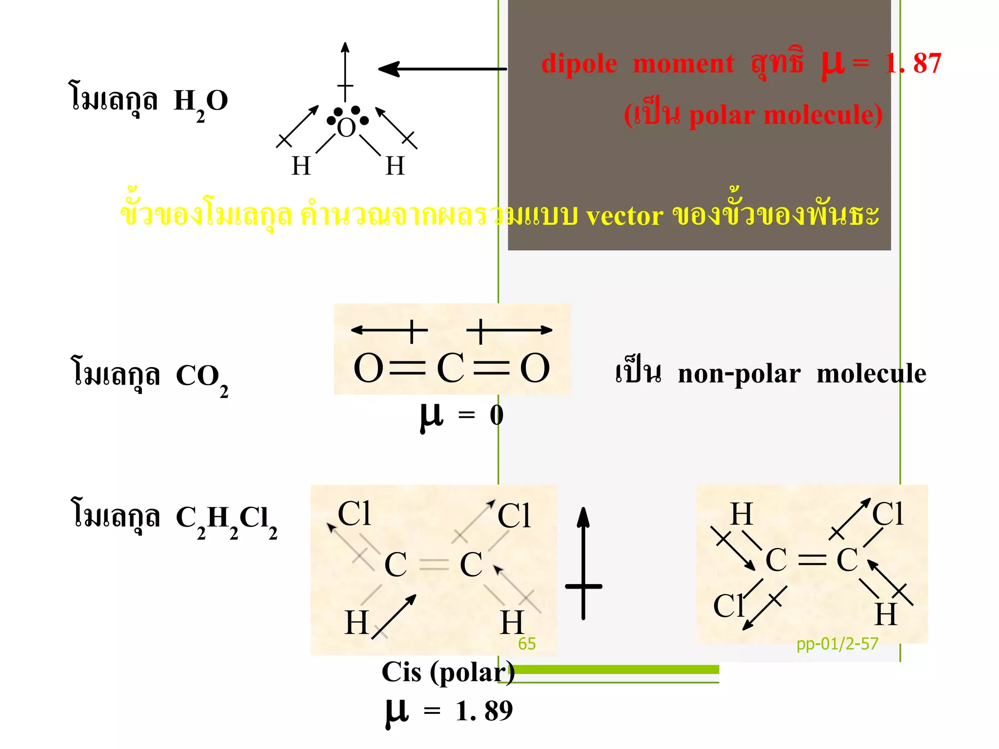 HH
O....
OO C
HH
CC
Cl Cl
H
H
CC
Cl
Cl
dipole moment สุทธิ  = 1. 87
(เป็น polar molecule)
Cis (polar)
 = 1. 89 Trans  = 0
โมเลกุล H2O
โมเลกุล CO2
โมเลกุล C2H2Cl2
ขั้วของโมเลกุล คานวณจากผลรวมแบบ vector ของขั้วของพันธะ
เป็น non-polar molecule
 = 0
pp-01/2-5765
 