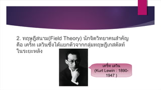 2. ทฤษฎีสนาม(Field Theory) นักจิตวิทยาคนสำาคัญ
คือ เคริ์ท เลวินซึ่งได้แยกตัวจากกลุ่มทฤษฎีเกสตัลท์
ในระยะหลัง
เคริ์ท เลวิน
(Kurt Lewin : 1890-
1947 )
 