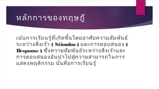 หลักการของทฤษฎี
เน้นการเรียนรู้ที่เกิดขึ้นโดยอาศัยความสัมพันธ์
ระหว่างสิ่งเร้า ( Stimulas ) และการตอบสนอง (
Response ) ซึ่งความสัมพันธ์ระหว่างสิ่งเร้าและ
การตอบสนองอันนำาไปสู่ความสามารถในการ
แสดงพฤติกรรม นั่นคือการเรียนรู้
 