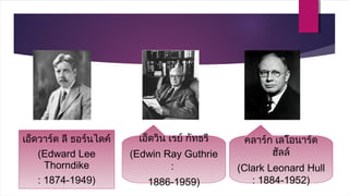 เอ็ดวาร์ด ลี ธอร์นไดค์
(Edward Lee
Thorndike
: 1874-1949)
เอ็ดวิน เรย์ กัทธรี
(Edwin Ray Guthrie
:
1886-1959)
คลาร์ก เลโอนาร์ด
ฮัลล์
(Clark Leonard Hull
: 1884-1952)
 