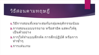 วิธีสอนตามทฤษฎี
1. วิธีการสอนที่เหมาะสมกับกลุ่มพฤติกรรมนิยม
2. การสอนแบบบรรยาย หรือสาธิต แสดงให้ดู
เป็นตัวอย่าง
3. การให้ทำาแบบฝึกหัด การฝึกปฏิบัติ หรือการ
ทำาซำ้าๆ
4. การเล่นเกม
 