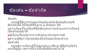 –ข้อเด่น ข้อจำากัด
ข้อเด่น
ทฤษฎีนี้มีการกำาหนดวัตถุประสงค์เชิงพฤติกรรมที่
สังเกตเห็นได้โดยมีพื้นฐาน ๓ ลักษณะ คือ
1.การเรียนรู้ในเรื่องที่ซับซ้อนสามารถจำาแนกการเรียนรู้
เป็นส่วนย่อยได้
2.ผู้เรียนเรียนรู้จากการรับรู้และประสบการณ์
3.ความรู้คือการสะสมข้อเท็จจริงและทักษะต่างๆ
ข้อจำากัด
ทฤษฎีการเรียนรู้นี้ไม่มุ้งเน้นการศึกษาที่คิดในจิตใจ
และปัญญา เพราะถือว่าเป็นสิ่งที่สังเกตไม่ได้
 