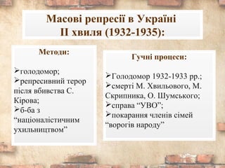 Методи:
голодомор;
репресивний терор
після вбивства С.
Кірова;
б-ба з
“націоналістичним
ухильництвом”
Гучні процеси:
Голодомор 1932-1933 рр.;
смерті М. Хвильового, М.
Скрипника, О. Шумського;
справа “УВО”;
покарання членів сімей
“ворогів народу”
Масові репресії в Україні
ІІ хвиля (1932-1935):
 