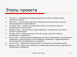Этапы проекта
 Май 2011 – Формирование Координационного совета и Юридической
экспертной группы
 Май 2012 – Опубликован доклад «Стандартная документация в сделках
синдицированного кредитования»
 Сентябрь 2012 – Выбор компании Allen & Overy в качестве главного
юридического консультанта
 Декабрь 2012 – Подготовлена первая редакция стандартного договора и
начато ее обсуждение
 Октябрь 2013 – Выбор компании Ernst & Young в качестве главного
финансового консультанта
 Август 2014 – Подготовка Рекомендаций по расчету финансовых показателей и
отражению в бухгалтерском учете операций, связанных с предоставление и
обслуживанием синдицированных кредитов
 Август 2014 – Подготовка предложений по изменению законодательства
 Февраль 2015 –Финальная редакция стандартной документации представлена
банковскому сообществу
8 июня 2015 года 12
 