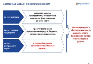 2
Ключевую роль в
обеспечении роста
должен играть
банковский сектор
и финансовые
рынки
ВОЗМОЖНЫЕ МОДЕЛИ ЭКОНОМИЧЕСКОГО РОС...